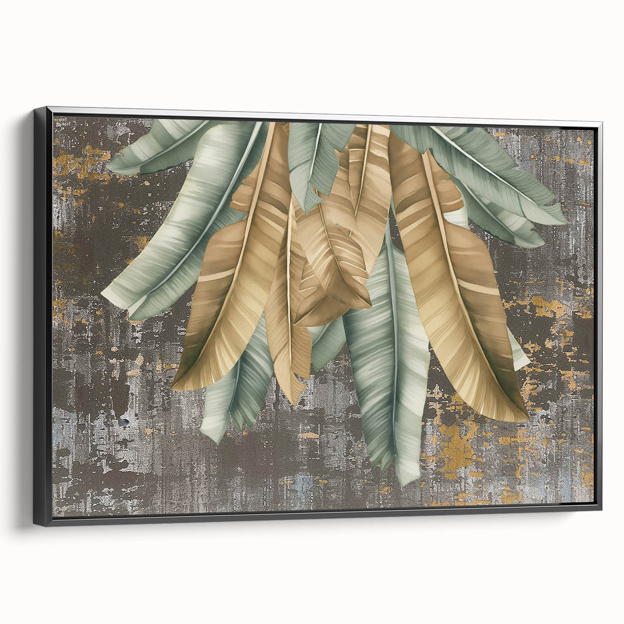 Framed canvas wall art displaying an abstract design of colorful strokes and lines, featuring a sleek black frame and a side view perspective, ideal for modern decor.