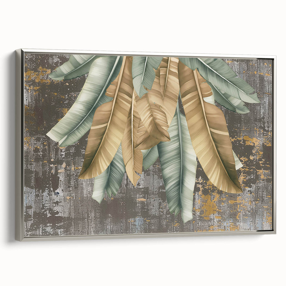 Framed canvas wall art showcasing an abstract design of colorful strokes and lines in shades of blue, orange, and gold, presented in a sleek silver frame for contemporary decor.