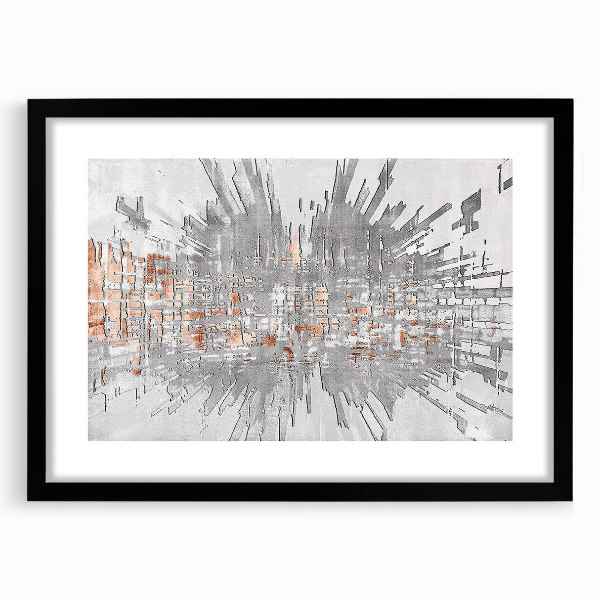 Abstract wall art design featuring bold strokes and lines in a modern aesthetic, framed in black with a white mat, perfect for contemporary home decor.