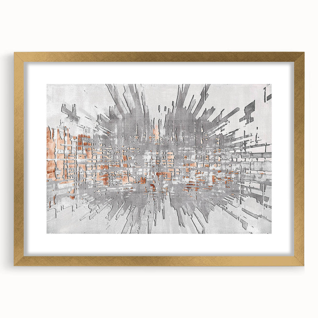 Abstract modern wall art featuring strokes and lines in a dynamic design, framed with a gold mat, showcasing a sophisticated aesthetic perfect for contemporary decor.