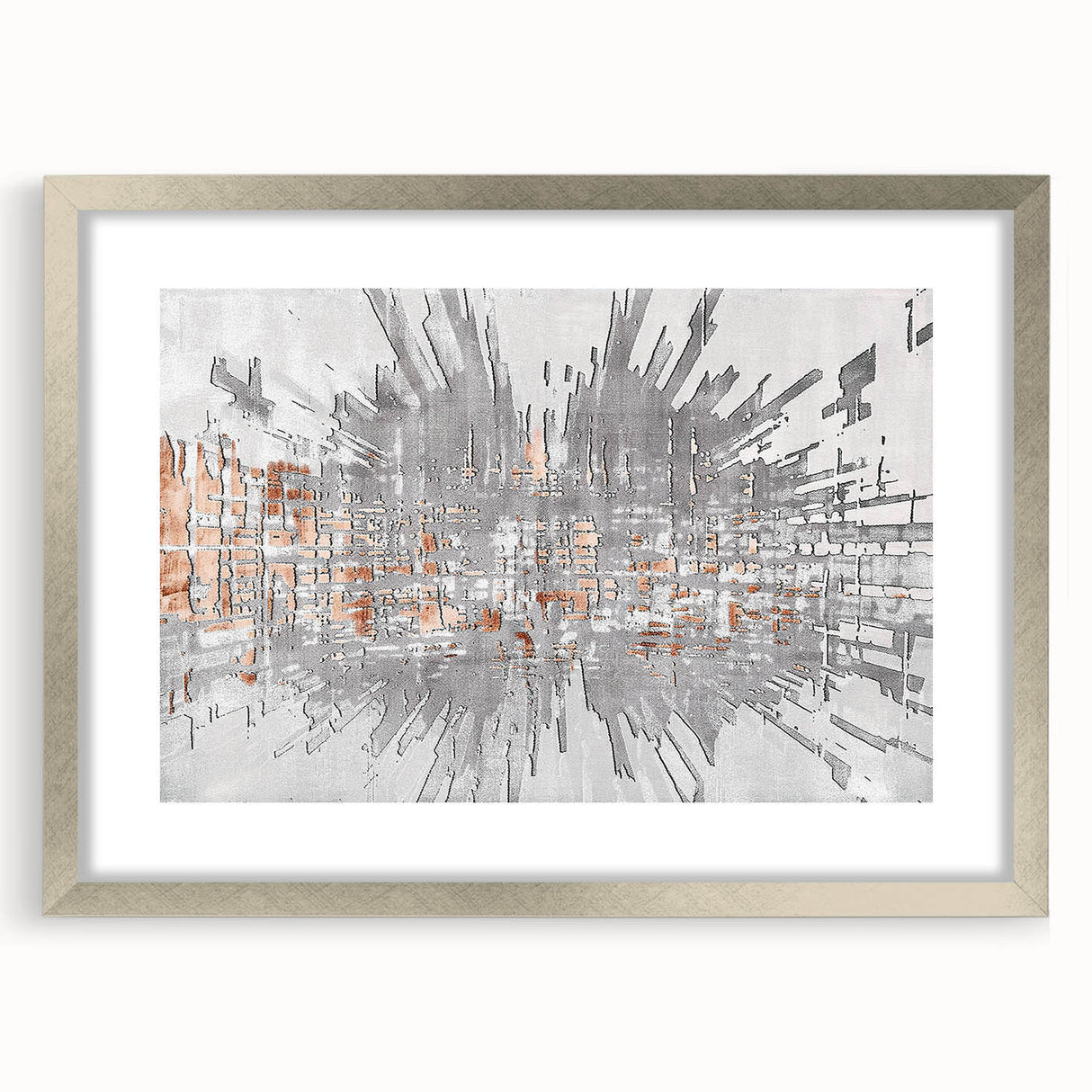 Abstract wall art featuring colorful strokes and lines in a modern design, framed with a silver mat, perfect for enhancing contemporary home decor.