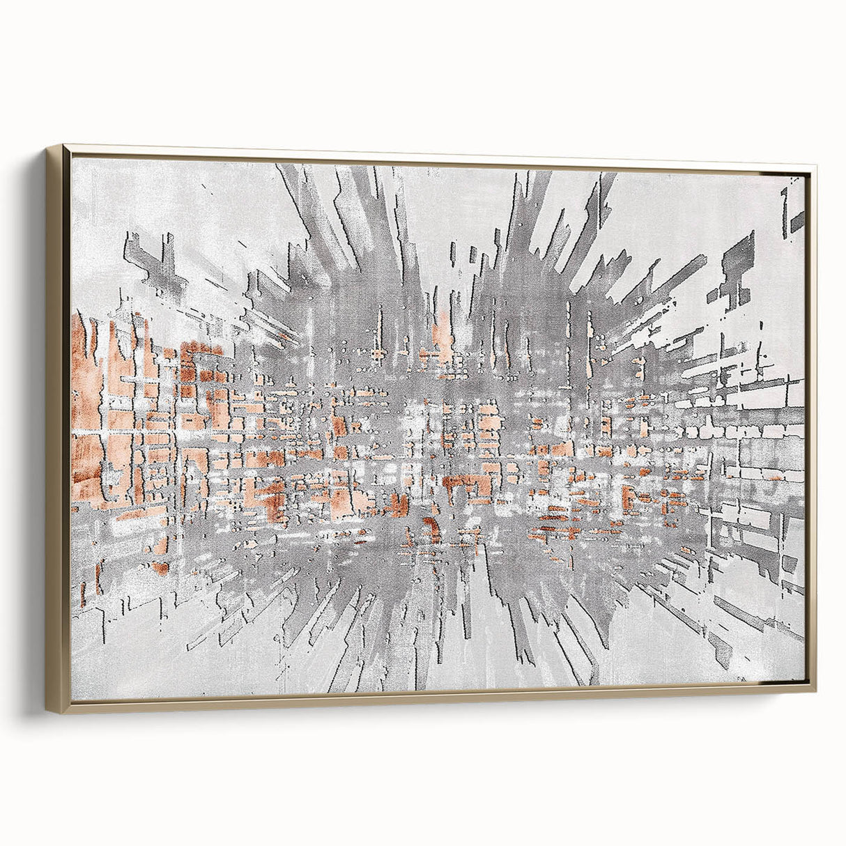 Framed canvas wall art showcasing an abstract design of gold strokes and lines, presented in a stylish frame, ideal for modern home decor. The piece adds a touch of elegance to any space, enhancing aesthetic appeal with its unique visual texture.