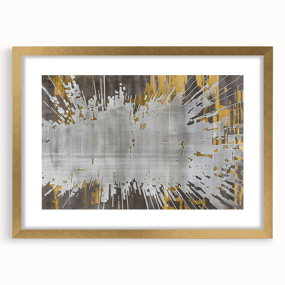 Abstract wall art featuring a contemporary design of strokes and lines in various shades, framed in gold with a mat, ideal for modern home decor.