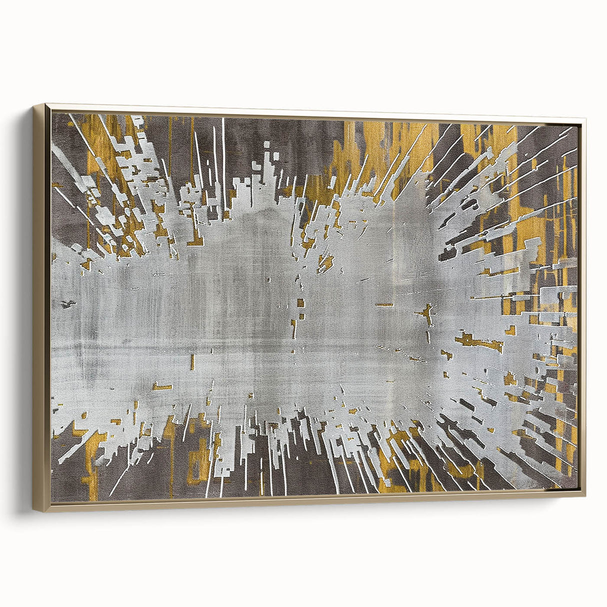 Framed canvas wall art displaying an abstract design of colorful strokes and lines, with a gold frame accentuating its modern aesthetic, ideal for contemporary home decor.