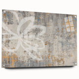 Abstract strokes and lines design on acrylic glass, showcasing a modern wall art collection. The piece features vibrant colors and a sleek side view, ideal for contemporary decor.