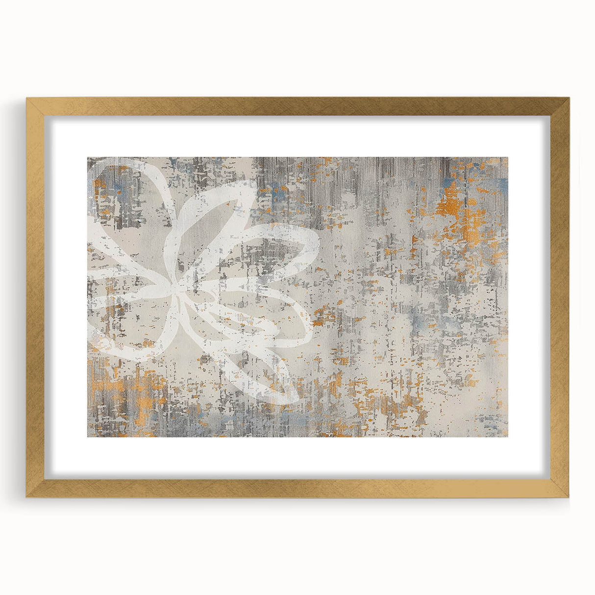 Abstract wall art featuring strokes and lines in a modern design, framed with a gold mat, showcasing a stylish front view, perfect for contemporary decor.
