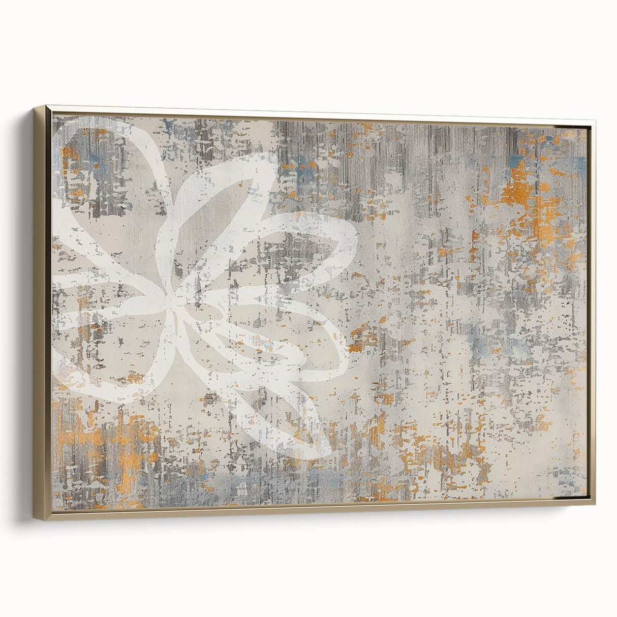 Framed canvas wall art showcasing an abstract design of gold strokes and lines, elegantly displayed from a side view, perfect for modern home decor.