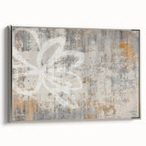 Framed canvas wall art showcasing an abstract design with silver strokes and lines, elegantly displayed in a modern setting, perfect for contemporary home decor.
