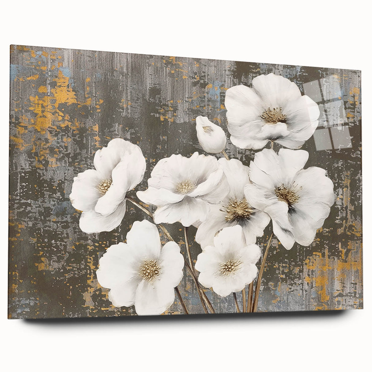 Abstract wall art featuring vibrant strokes and lines in a harmonious blend of colors, displayed in a sleek acrylic glass frame, showcasing a modern artistic style.