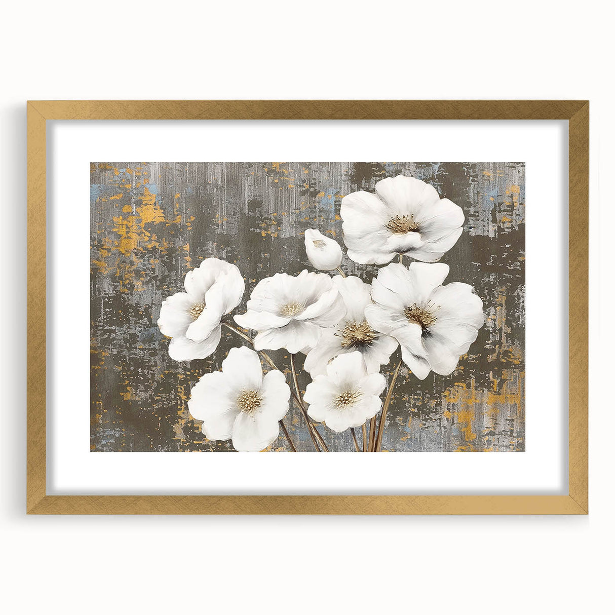 Abstract strokes and lines design wall art featuring a gold frame and mat, showcasing a modern artistic style that enhances interior decor with elegance.