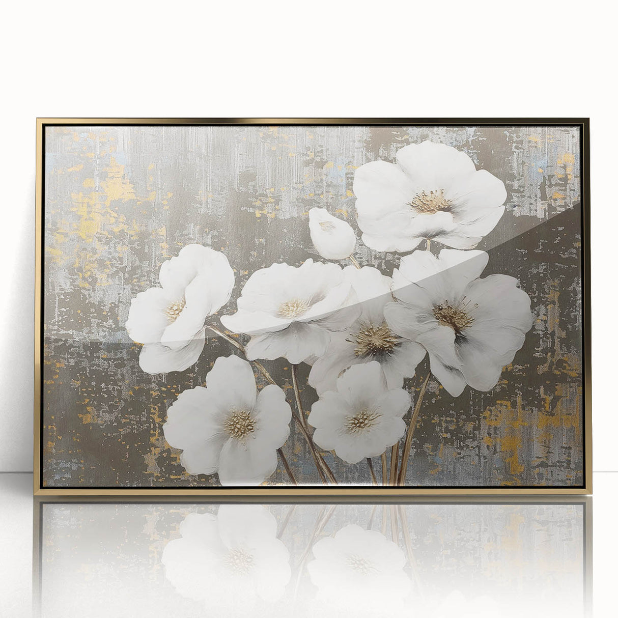 Framed abstract wall art showcasing dynamic strokes and lines in gold and neutral tones, perfect for modern decor. Ideal for enhancing contemporary interiors with elegance.