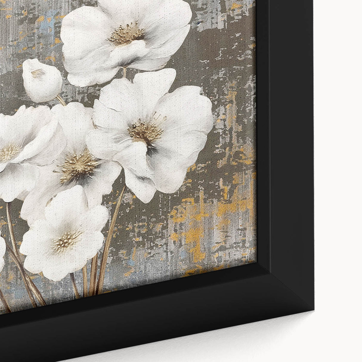 Close-up of a framed canvas artwork showcasing an abstract design of vibrant strokes and lines in shades of blue, orange, and yellow, ideal for modern home decor.