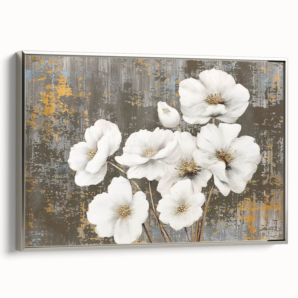 Framed canvas wall art showcasing an abstract design with dynamic strokes and lines in silver tones, perfect for modern home decor. The piece adds elegance to any interior setting.