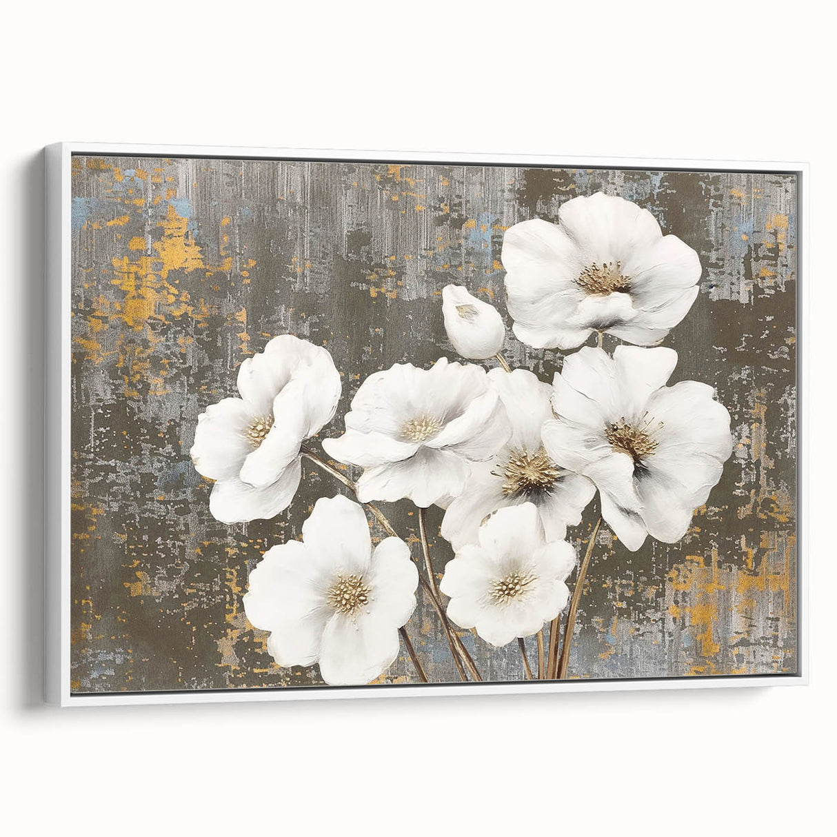 Framed canvas wall art showcasing an abstract design with colorful strokes and lines, featuring a sleek white frame. Ideal for modern home decor.