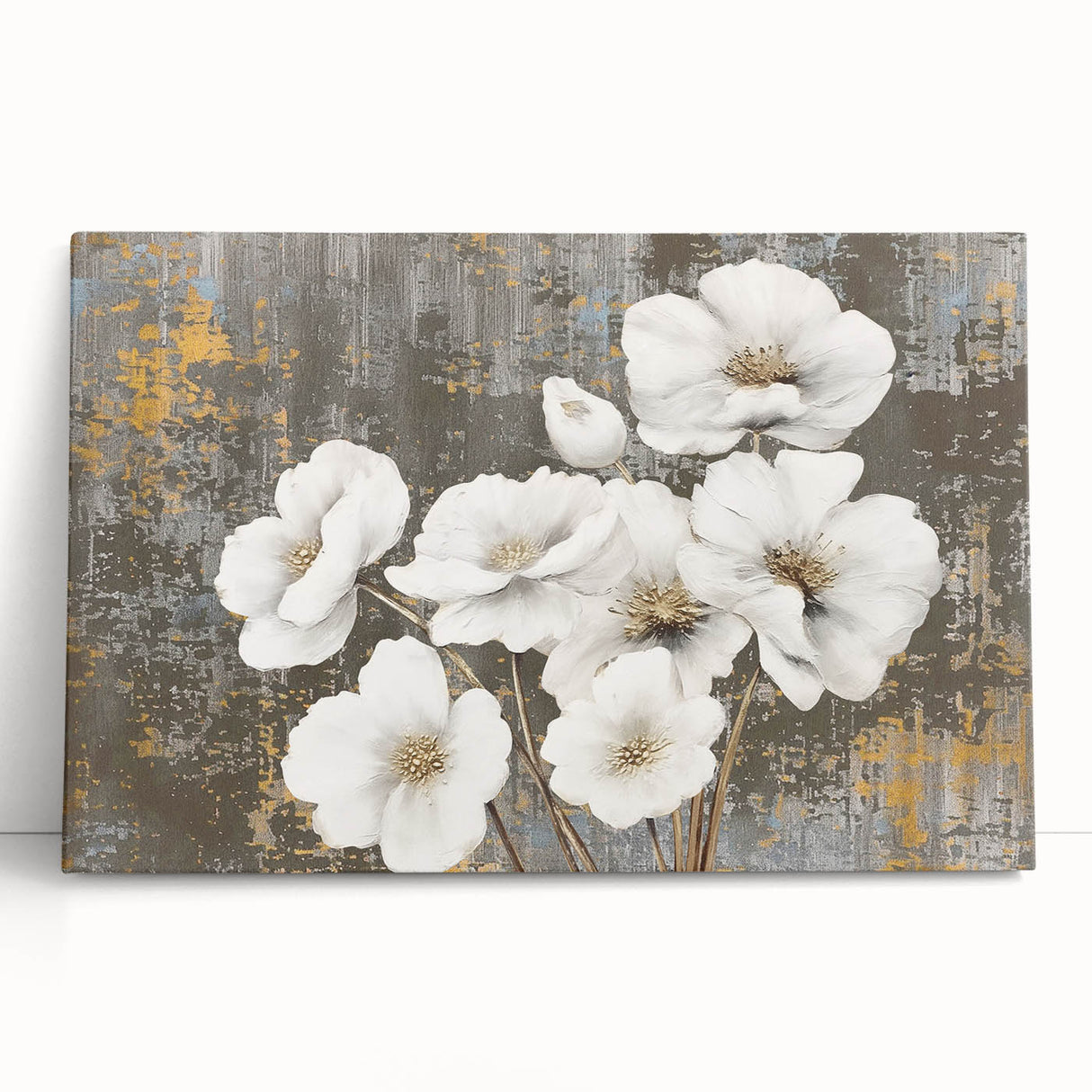 Abstract canvas wall art showcasing vibrant strokes and lines in shades of blue, orange, and yellow, designed to enhance modern interior decor. This piece leans against a neutral wall, creating a striking focal point for contemporary living spaces.