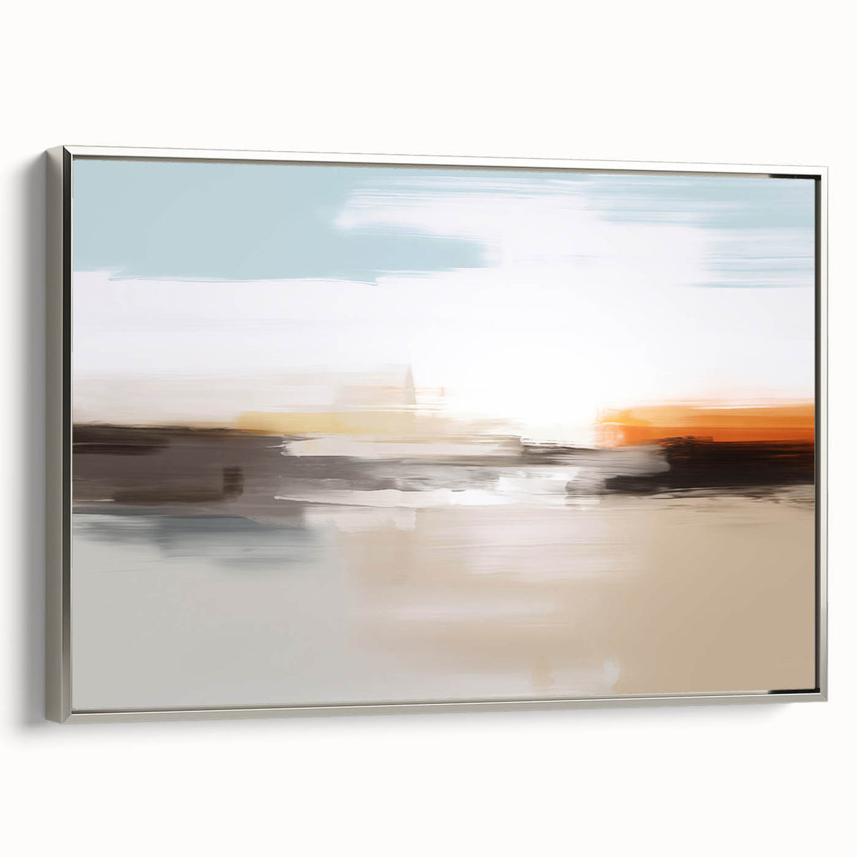 Framed canvas wall art showcasing an abstract design with silver strokes and lines, perfect for modern decor. Side view highlights the elegant finish and sleek profile.