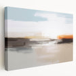 Stretched canvas wall art featuring an abstract design of colorful strokes and lines, showcasing vibrant hues of blue, orange, and yellow for a modern aesthetic.