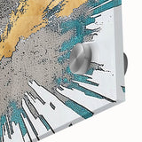 Abstract close-up of modern wall art featuring colorful strokes and lines in shades of blue, pink, and yellow on acrylic glass, ideal for contemporary decor.