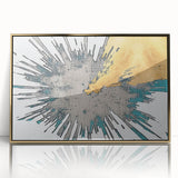 Framed wall art featuring an abstract design with gold strokes and lines on a white background, adding a modern touch to home decor. Ideal for contemporary interiors.