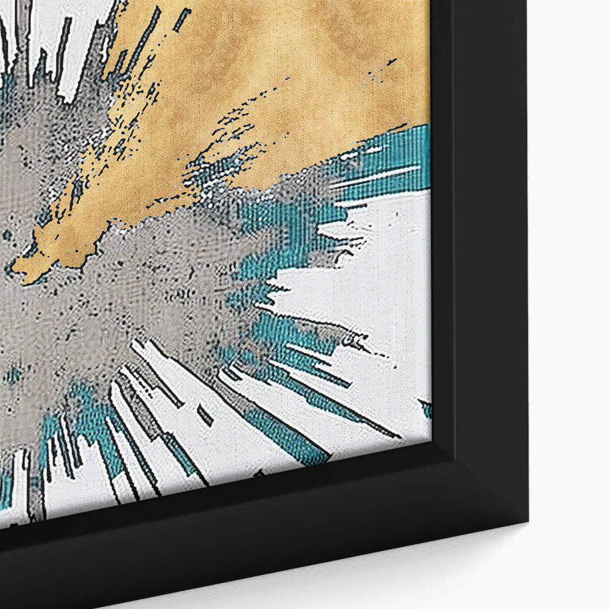 Close-up of a framed canvas artwork showcasing an abstract design with colorful strokes and lines, perfect for modern home decor or art enthusiasts.