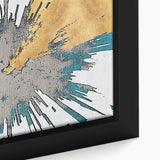Close-up of a framed canvas artwork showcasing an abstract design with colorful strokes and lines, perfect for modern home decor or art enthusiasts.