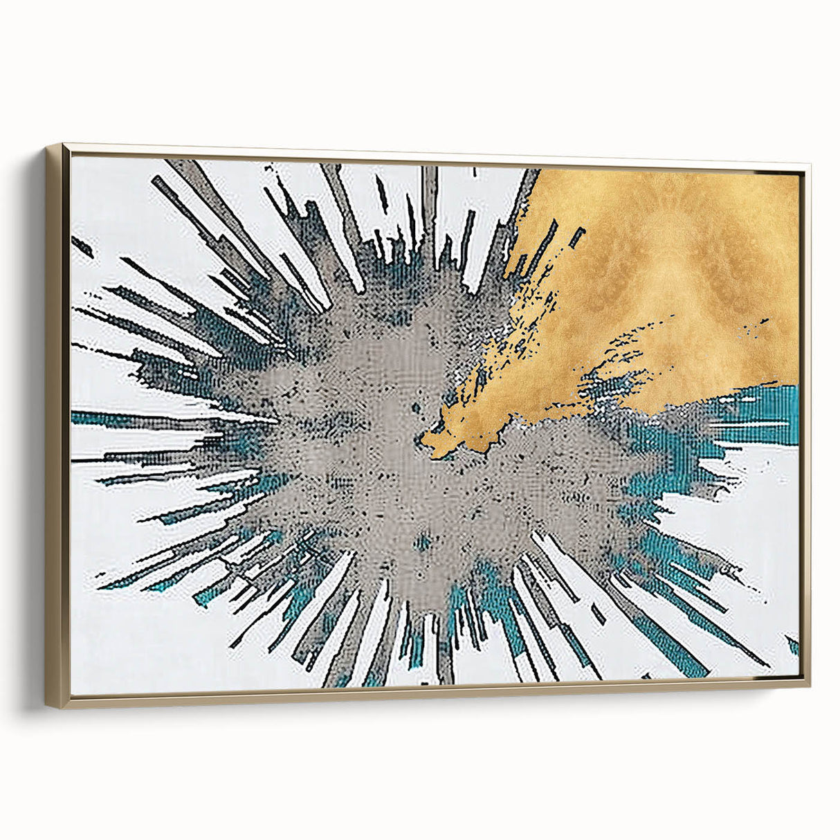 Framed canvas wall art showcasing an abstract design of gold strokes and lines, set against a neutral background, perfect for modern interior decor.