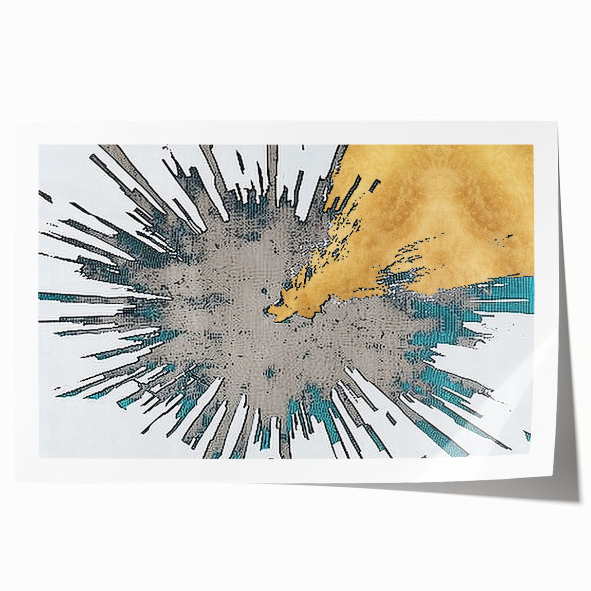 Abstract wall art design showcasing vibrant strokes and lines in shades of blue, orange, and yellow, ideal for modern decor, presented as a rolled print.