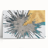 Abstract wall art featuring vibrant strokes and lines in shades of blue, green, and gold, designed for modern home decor, perfect for enhancing living spaces.