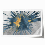 Abstract wall art print showcasing vibrant strokes and lines in a blend of blue, gold, and white, perfect for modern decor. Ideal for adding a contemporary touch to living spaces.
