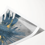 Abstract wall art print showcasing vibrant strokes and lines in shades of blue, gold, and white, perfect for modern decor and enhancing interior aesthetics.