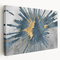 Abstract wall art featuring colorful strokes and lines on stretched canvas in a side view, showcasing vibrant hues of blue, orange, and yellow, ideal for modern decor.
