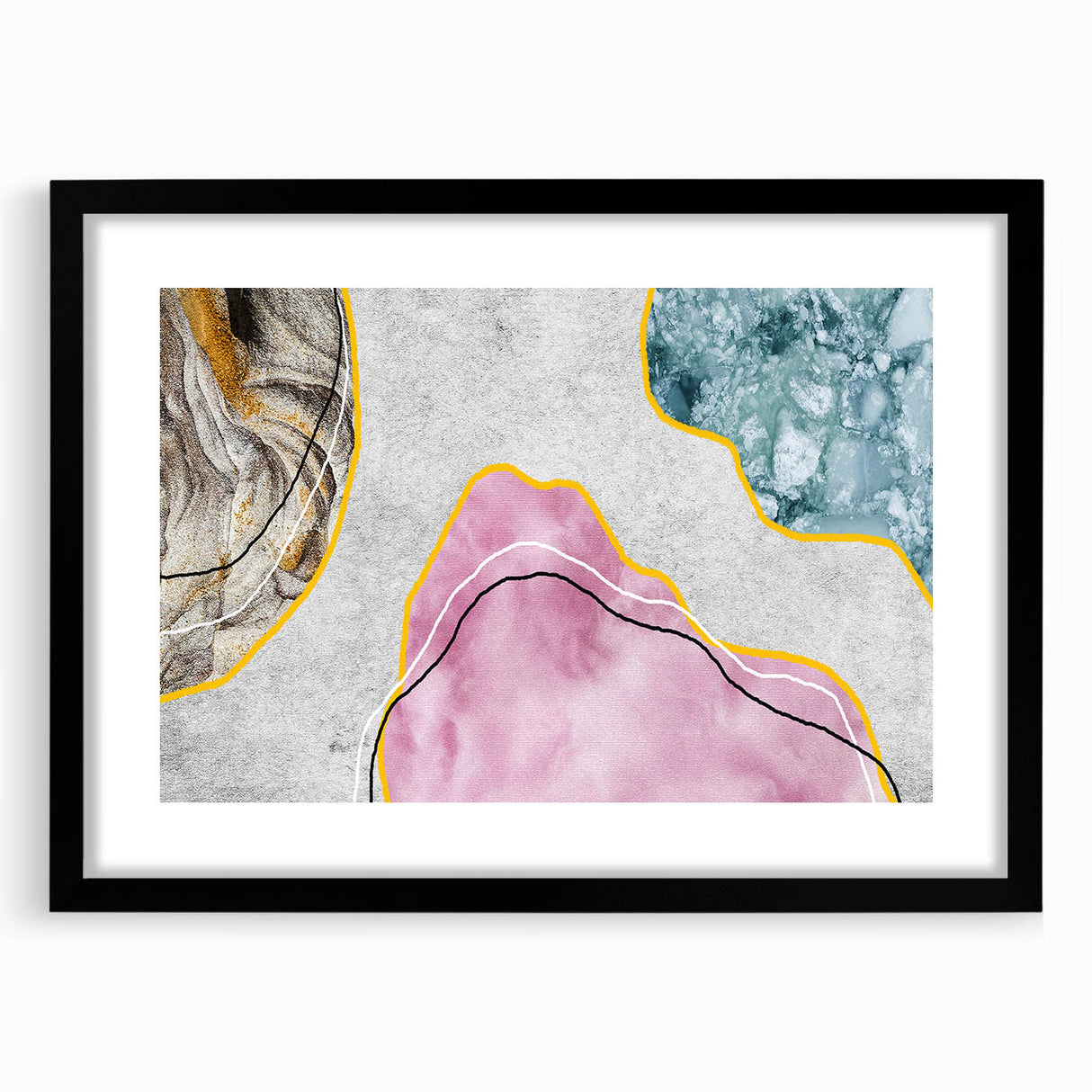 Abstract wall art featuring a collection of bold strokes and lines in a modern design, framed with a black mat, ideal for contemporary home decor.