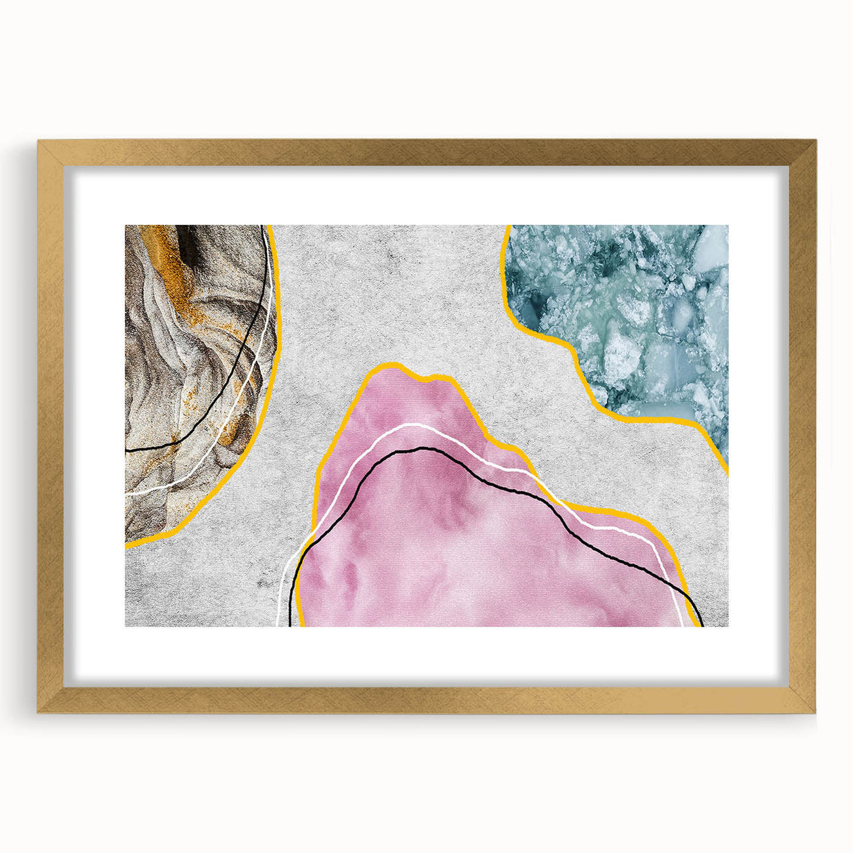 Abstract wall art featuring intricate strokes and lines in a modern design, framed with a gold mat, adding elegance to any decor. Perfect for contemporary interiors.