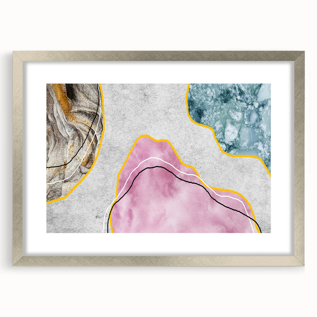 Abstract wall art design featuring colorful strokes and lines in a silver frame with matting, perfect for modern home decor. Ideal for adding a vibrant touch to any room.