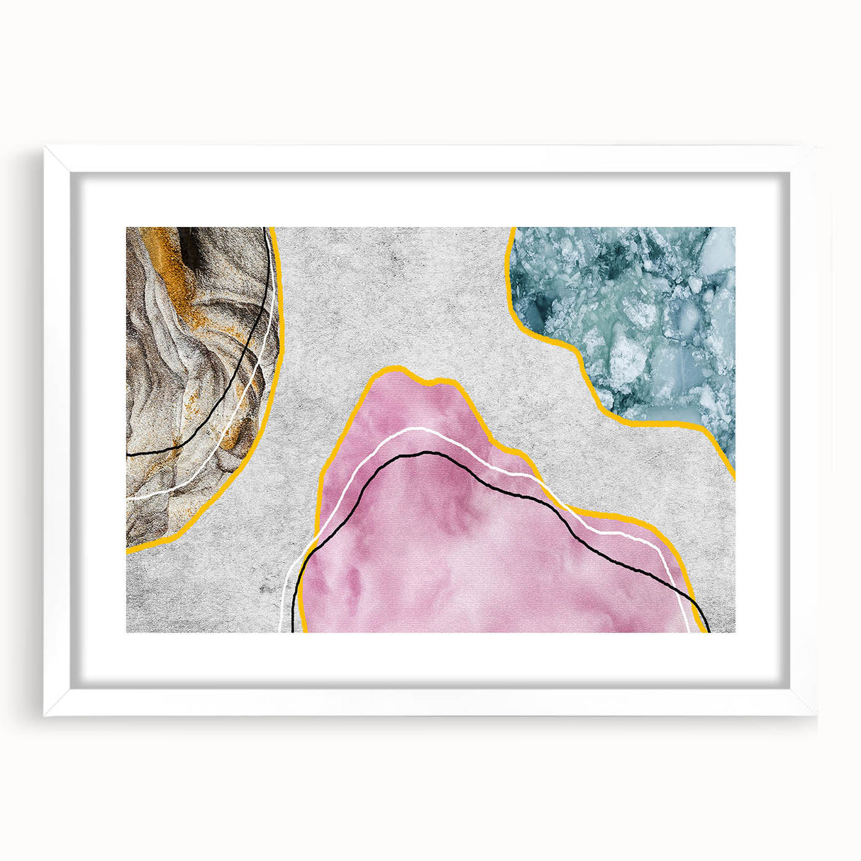 Abstract wall art featuring a modern design of colorful strokes and lines in a white frame with a mat, perfect for contemporary home decor.