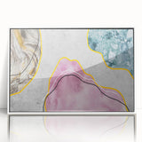 Framed wall art showcasing an abstract design with colorful strokes and lines, presented in a sleek white frame, perfect for modern home decor.