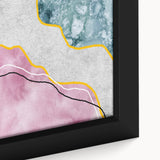 Close-up of an abstract wall art piece featuring vibrant strokes and lines in shades of blue, orange, and gold, showcasing a modern design ideal for contemporary decor.