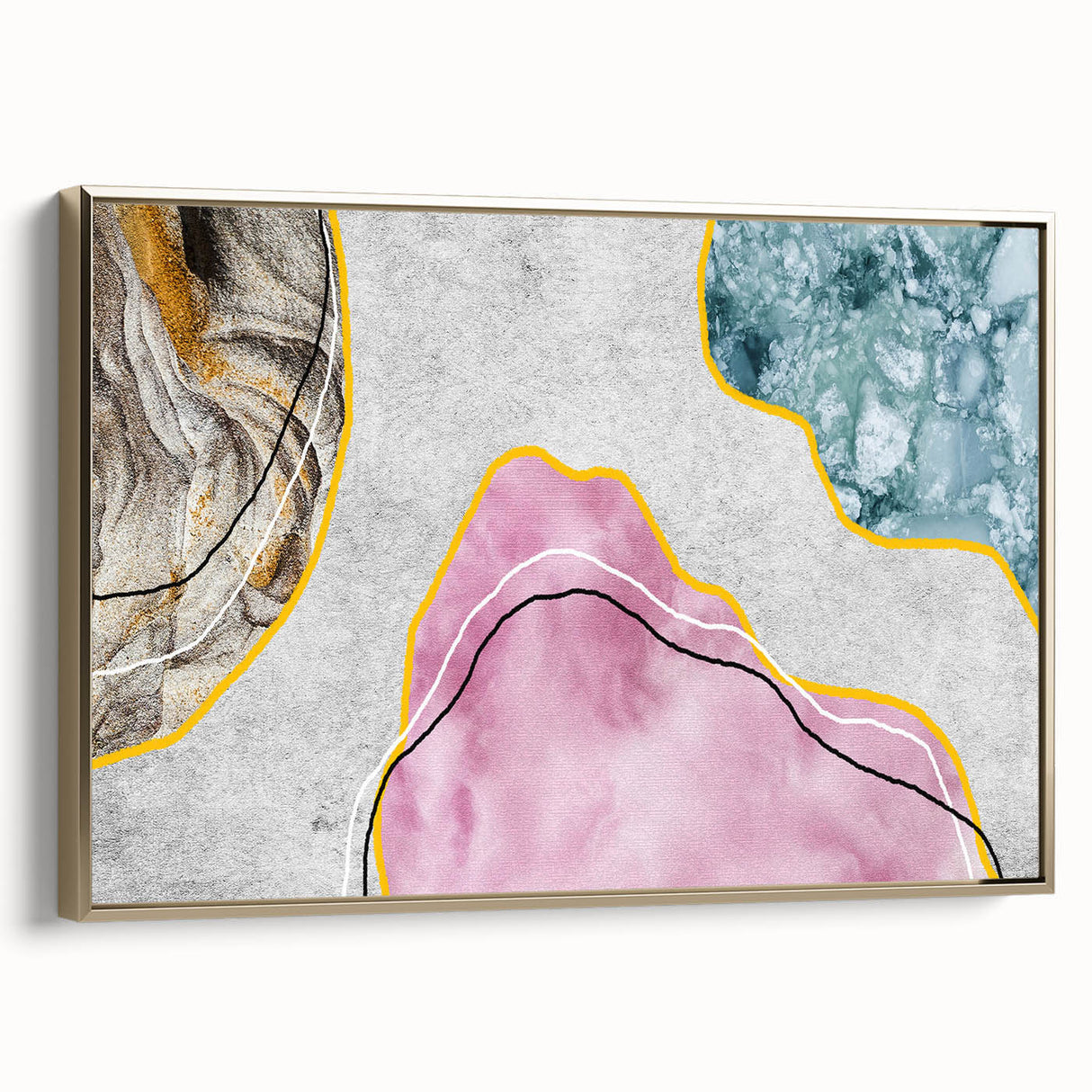 Framed canvas wall art showcasing an abstract design of gold strokes and lines, elegantly displayed in a modern setting, enhancing interior decor aesthetics.