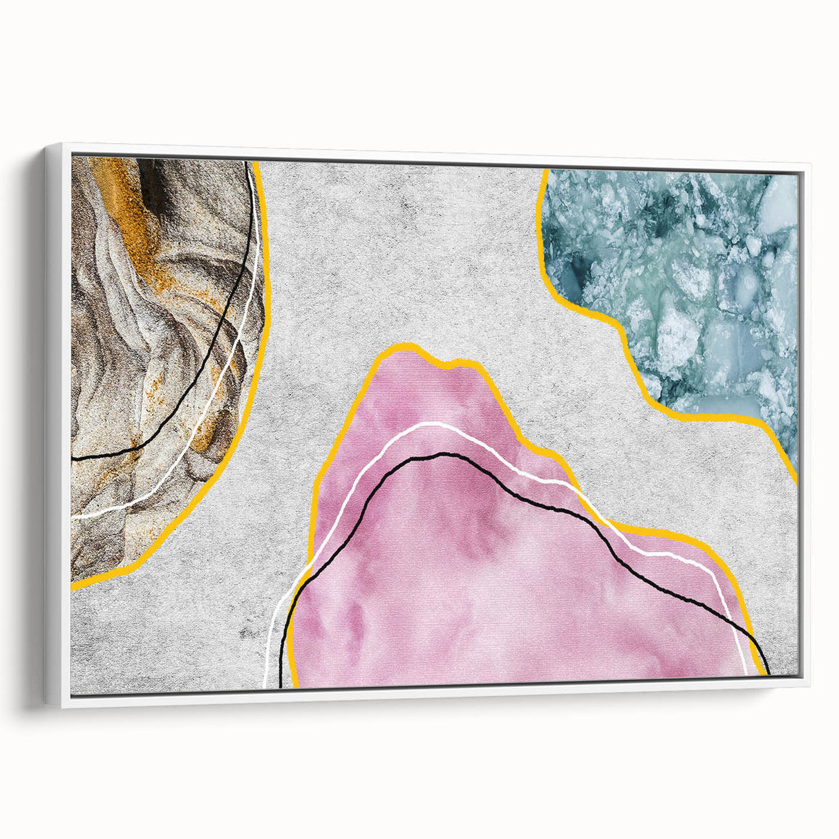 Framed canvas wall art showcasing an abstract design of colorful strokes and lines, presented in a sleek white frame, enhancing modern decor aesthetics.