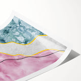 Abstract wall art print featuring vibrant strokes and lines in shades of blue, orange, and gold, ideal for modern decor. This rolled artwork is packaged securely for safe delivery.