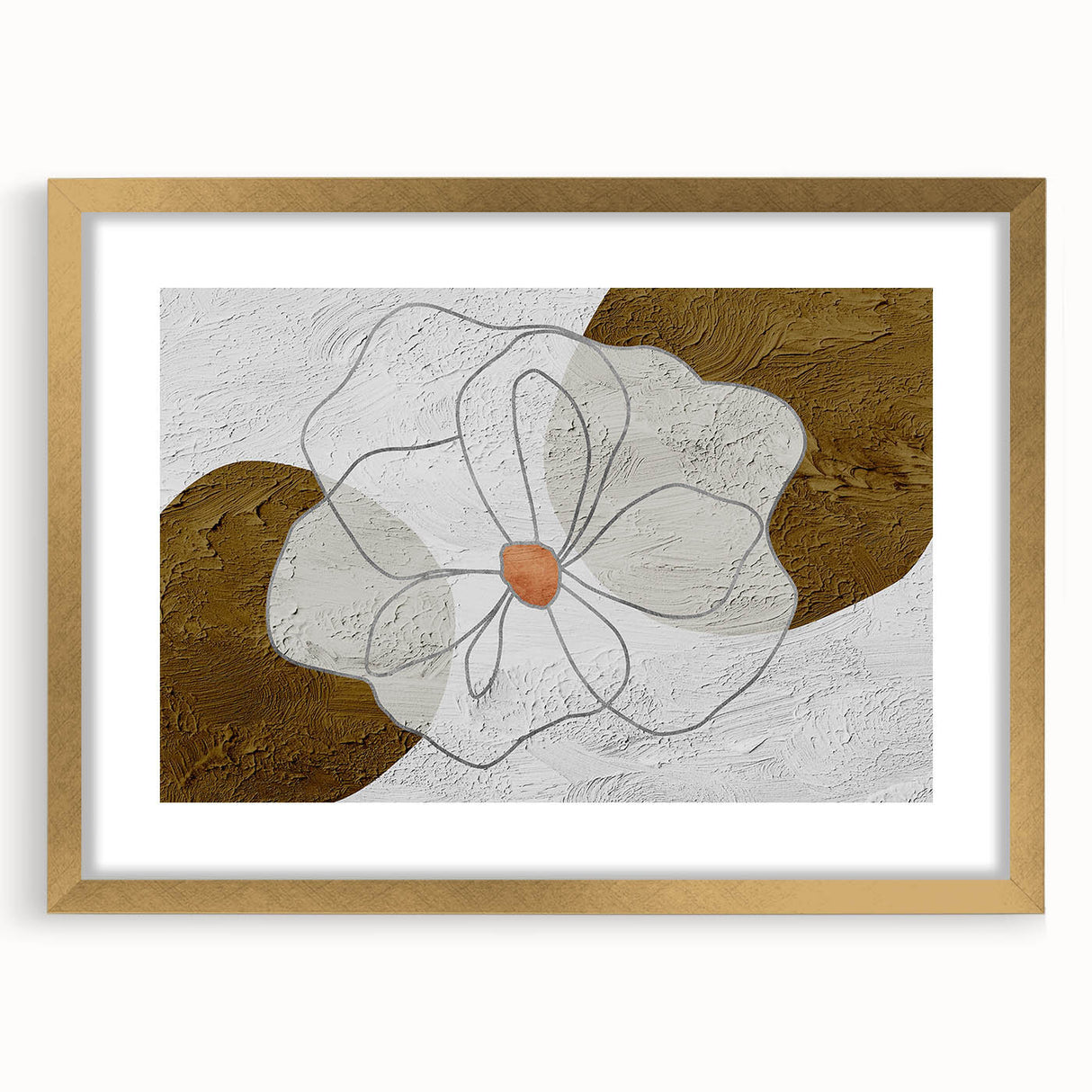 Abstract strokes and lines design in a stylish gold frame with matting, showcasing modern wall art perfect for contemporary home decor. Ideal for enhancing living spaces.