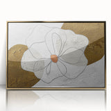 Framed wall art featuring abstract strokes and lines in gold and neutral tones, showcasing a modern design perfect for contemporary home decor.