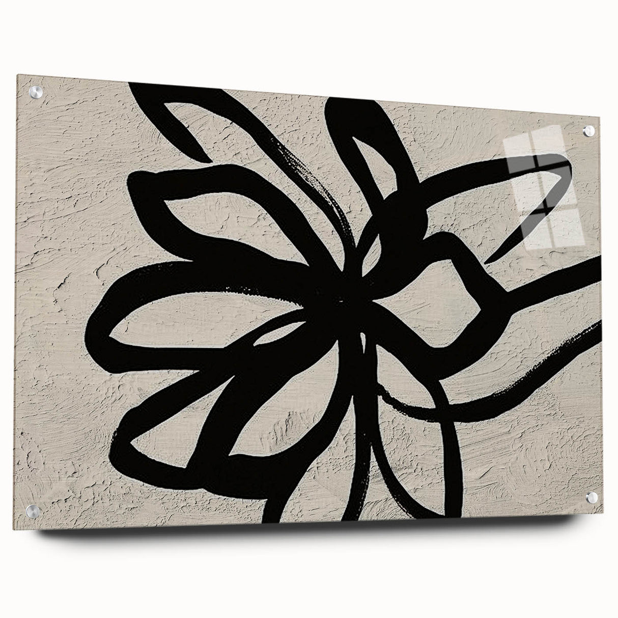 Abstract wall art design featuring vibrant strokes and lines, displayed in an acrylic glass frame with visible pins, perfect for modern decor.