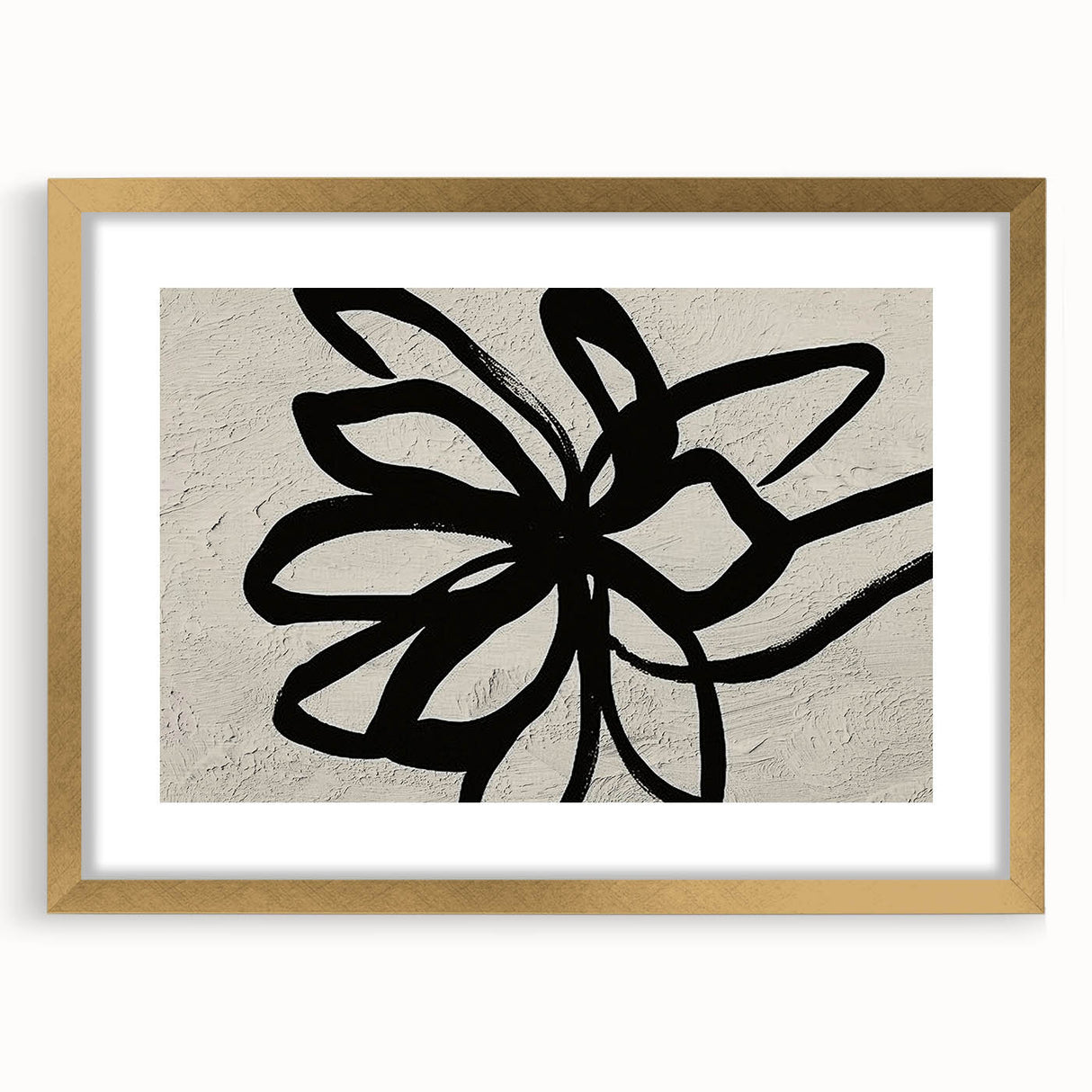 Abstract wall art design featuring vibrant strokes and lines in a gold frame with mat, showcasing a modern aesthetic suitable for contemporary decor.