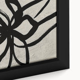 Close-up of a framed canvas wall art featuring an abstract design of colorful strokes and lines, showcasing vibrant hues of blue, orange, and yellow, ideal for modern home decor.