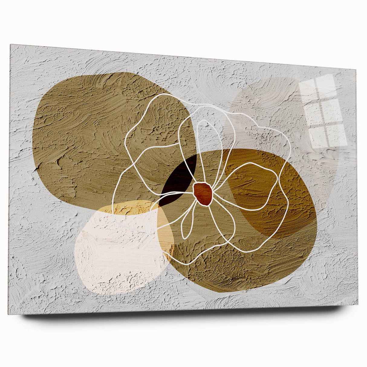 Abstract wall art featuring vibrant strokes and lines in a modern design, displayed in an acrylic glass frame, showcasing a sophisticated artistic style.