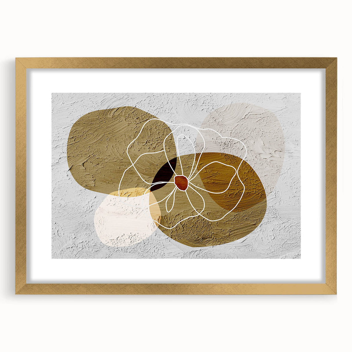 Abstract wall art featuring a striking design of gold strokes and lines, elegantly framed with a mat, perfect for modern home decor and interior design enhancement.