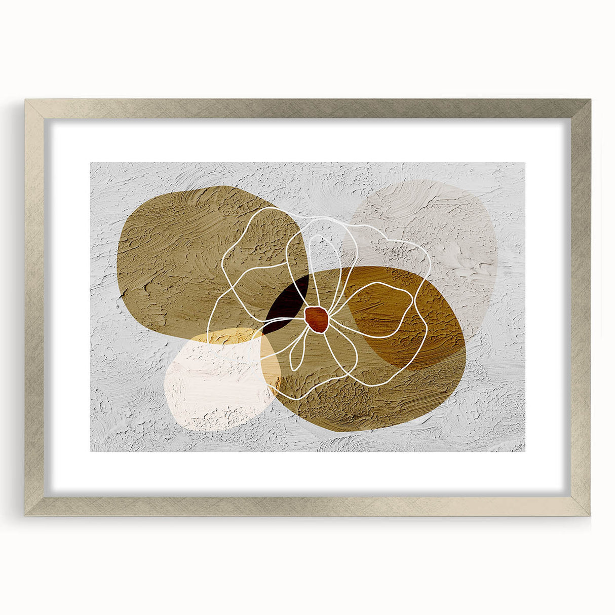 Abstract wall art design featuring dynamic strokes and lines in muted tones, framed with a silver mat for an elegant presentation, perfect for modern decor.