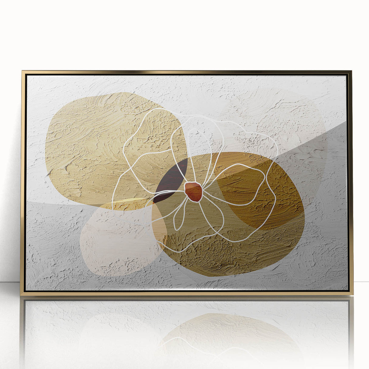 Framed wall art featuring an abstract design of colorful strokes and lines in gold and white, creating a modern artistic focal point for home decor.