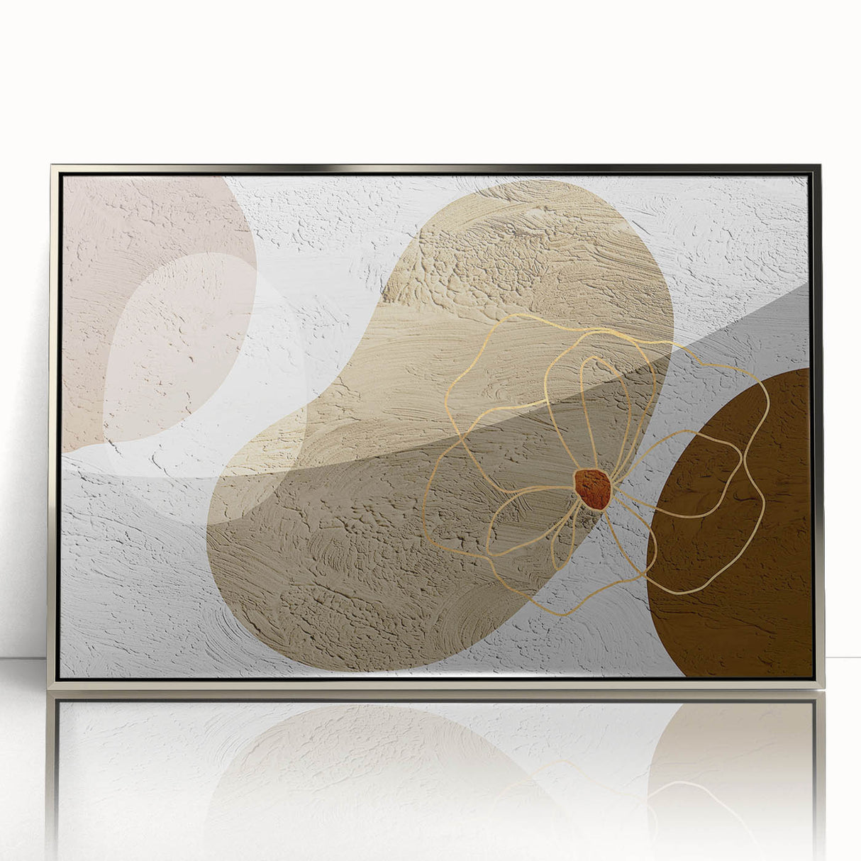 Framed wall art featuring an abstract design of colorful strokes and lines in silver and gray tones, ideal for modern home decor or office spaces.